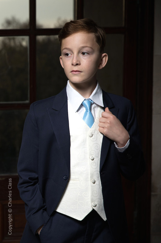 Boys Navy & Ivory Tail Suit with Sky Blue Tie - Darcy